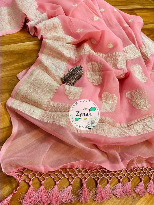 Zynah Pure Banarasi Handloom Khaddi Georgette Saree with Zari Border & Butis; Custom Stitched/Ready-made Blouse, Fall, Petticoat; Shipping available USA, Worldwide