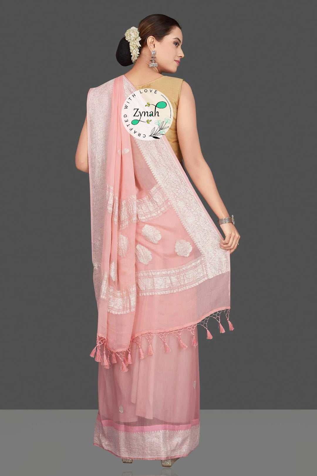 Zynah Pure Banarasi Handloom Khaddi Georgette Saree with Zari Border & Butis; Custom Stitched/Ready-made Blouse, Fall, Petticoat; Shipping available USA, Worldwide