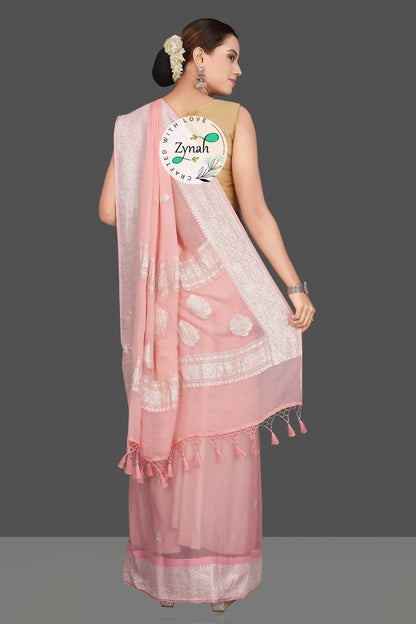 Zynah Pure Banarasi Handloom Khaddi Georgette Saree with Zari Border & Butis; Custom Stitched/Ready-made Blouse, Fall, Petticoat; Shipping available USA, Worldwide