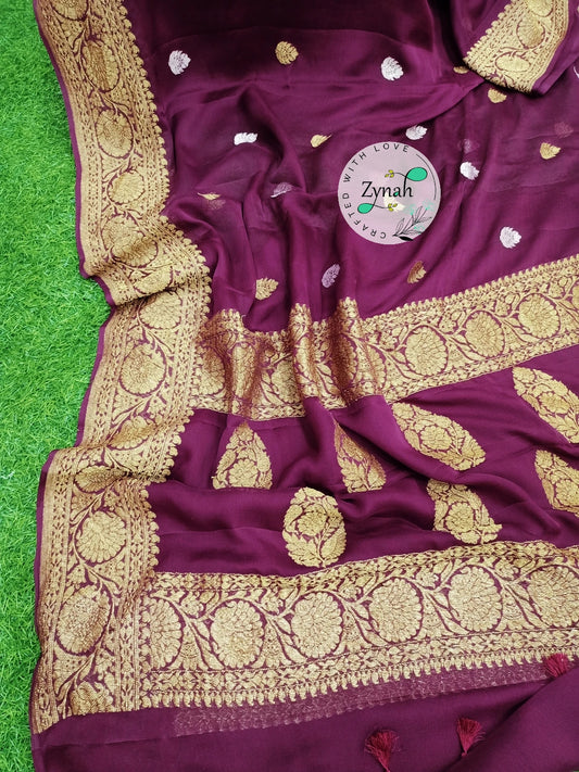 Zynah Pure Banarasi Handloom Khaddi Georgette Saree with Zari Border & Butis; Custom Stitched/Ready-made Blouse, Fall, Petticoat; Shipping available USA, Worldwide