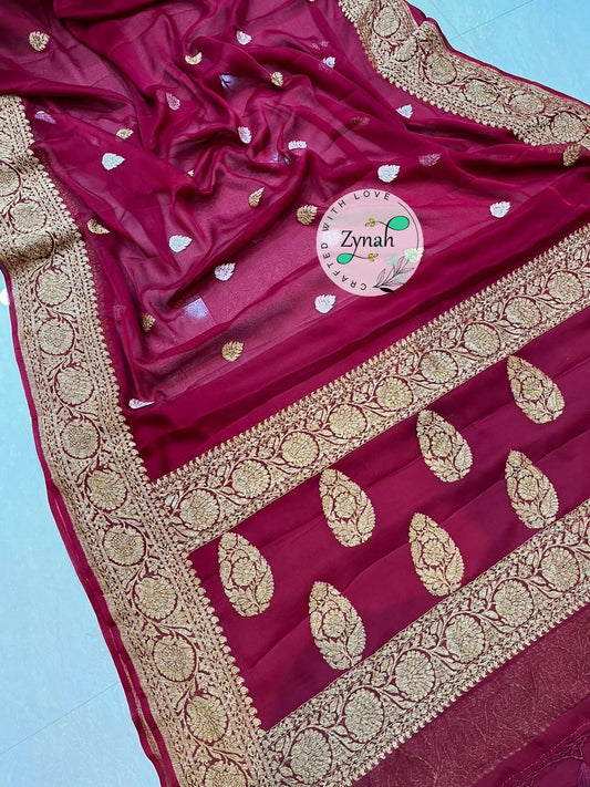 Zynah Pure Banarasi Handloom Khaddi Georgette Saree with Zari Border & Butis; Custom Stitched/Ready-made Blouse, Fall, Petticoat; Shipping available USA, Worldwide