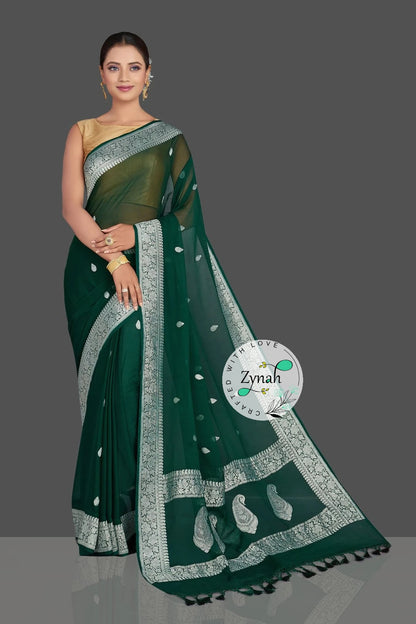Zynah Pure Banarasi Handloom Khaddi Georgette Saree with Zari Border & Butis; Custom Stitched/Ready-made Blouse, Fall, Petticoat; Shipping available USA, Worldwide