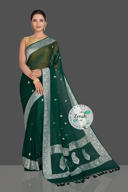 Zynah Pure Banarasi Handloom Khaddi Georgette Saree with Zari Border & Butis; Custom Stitched/Ready-made Blouse, Fall, Petticoat; Shipping available USA, Worldwide