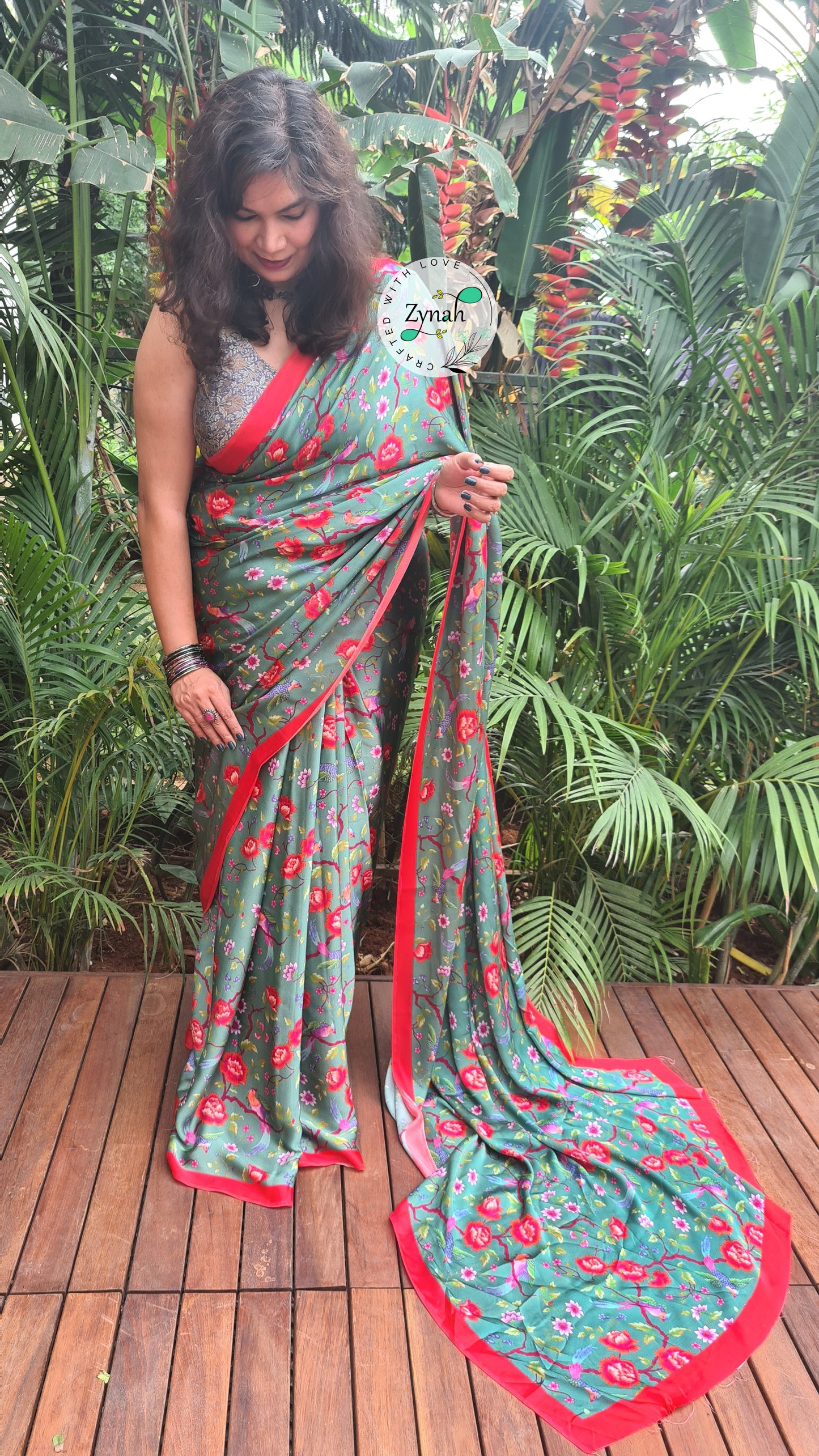 Zynah Pure Satin Silk Saree with Floral Prints; Custom Stitched/Ready-made Blouse, Fall, Petticoat; Shipping available USA, Worldwide