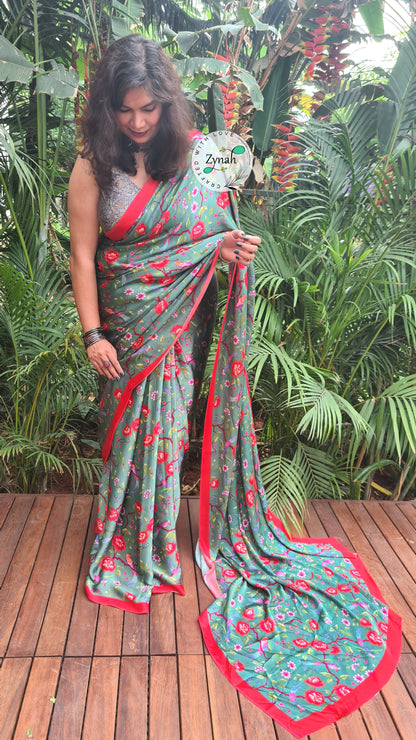Zynah Pure Satin Silk Saree with Floral Prints; Custom Stitched/Ready-made Blouse, Fall, Petticoat; Shipping available USA, Worldwide