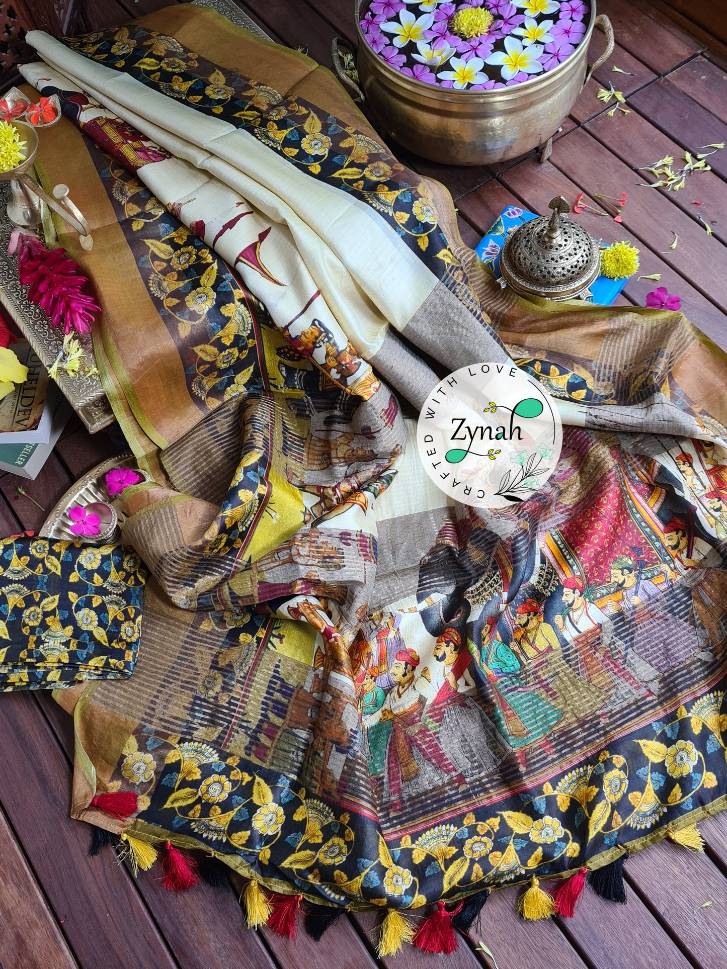 Zynah Pure Tussar Silk Saree with Digital Kalamkari Prints; Custom Stitched/Ready-made Blouse, Fall, Petticoat; Shipping available USA, Worldwide