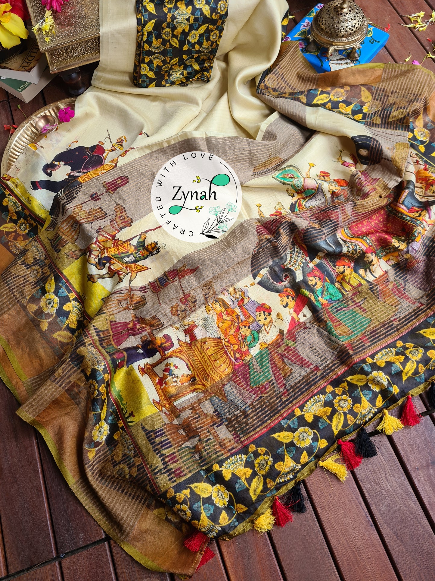 Zynah Pure Tussar Silk Saree with Digital Kalamkari Prints; Custom Stitched/Ready-made Blouse, Fall, Petticoat; Shipping available USA, Worldwide