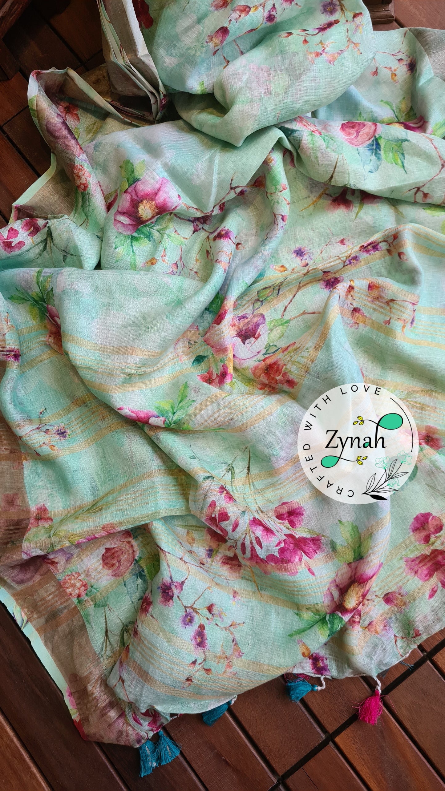 Zynah Organic Pure Linen by Linen(120c) Saree with Digital Floral Prints & Zari Border; Custom Stitched/Ready-made Blouse, Fall, Petticoat; Shipping available USA, Worldwide