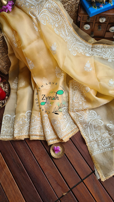 Zynah Pure Organza Silk Saree with Thread Embroidery & Crochet lace Border; Custom Stitched/Ready-made Blouse, Fall, Petticoat; Shipping available USA, Worldwide