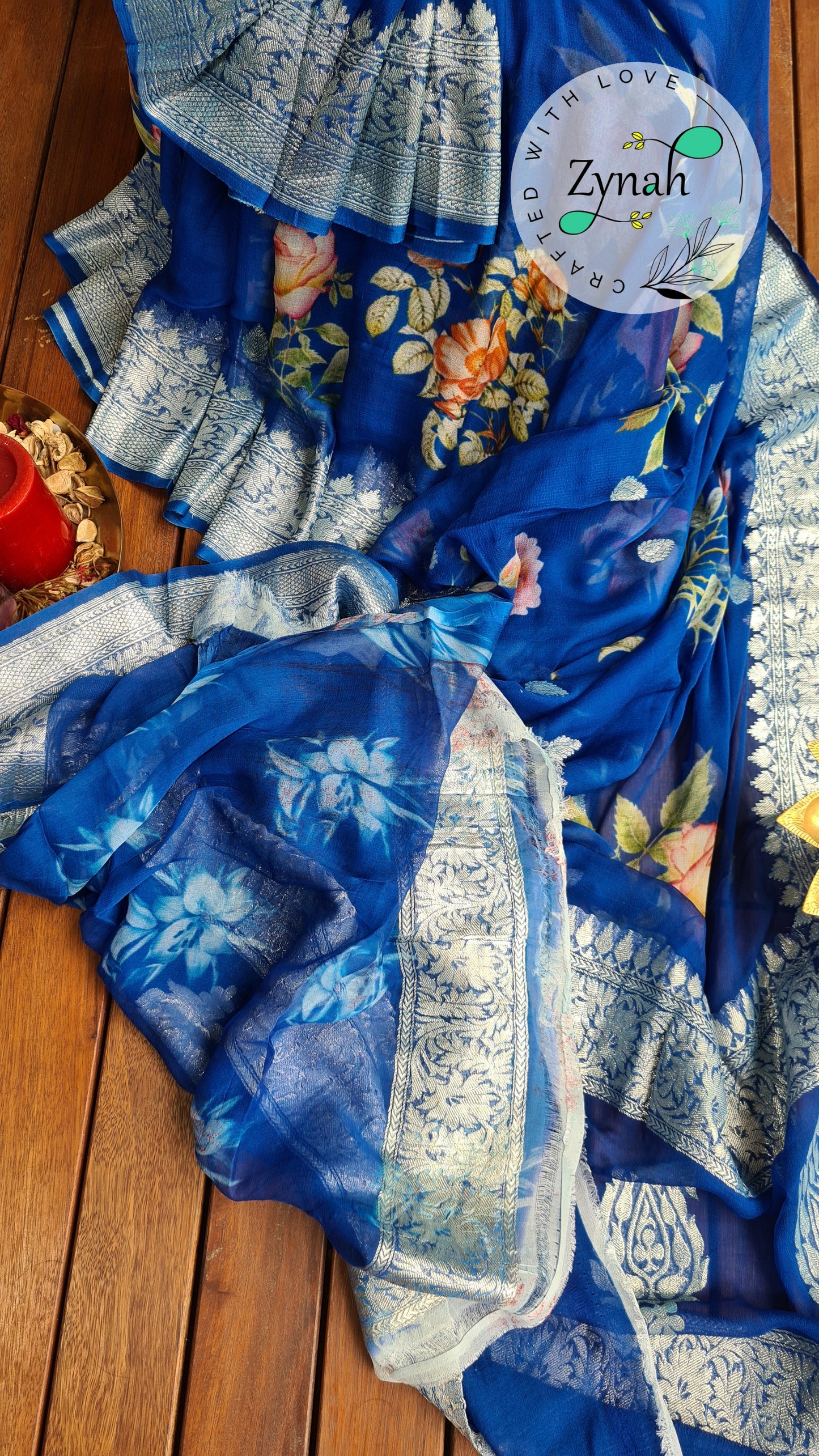 Zynah Pure Khaddi Chiffon Saree with Floral Prints & Silver Zari Weave; Custom Stitched/Ready-made Blouse, Fall, Petticoat; Shipping available USA, Worldwide