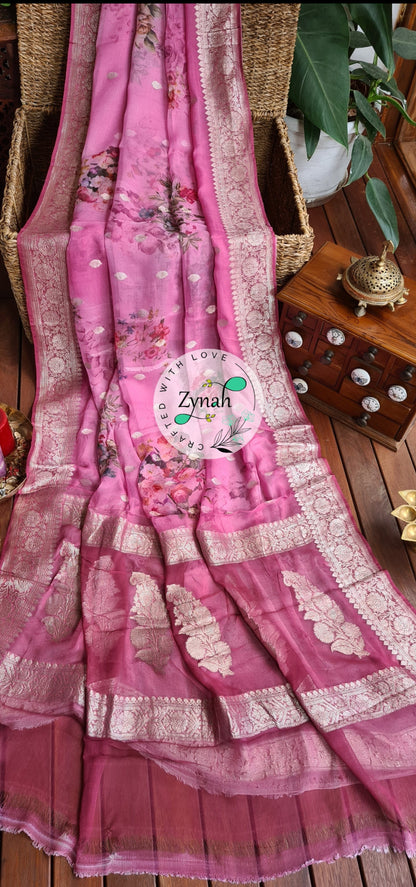 Zynah Pure Khaddi Chiffon Saree with Floral Prints & Silver Zari Weave; Custom Stitched/Ready-made Blouse, Fall, Petticoat; Shipping available USA, Worldwide