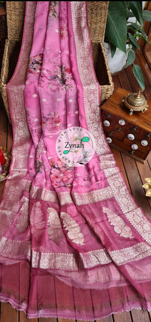 Zynah Pure Khaddi Chiffon Saree with Floral Prints & Silver Zari Weave; Custom Stitched/Ready-made Blouse, Fall, Petticoat; Shipping available USA, Worldwide