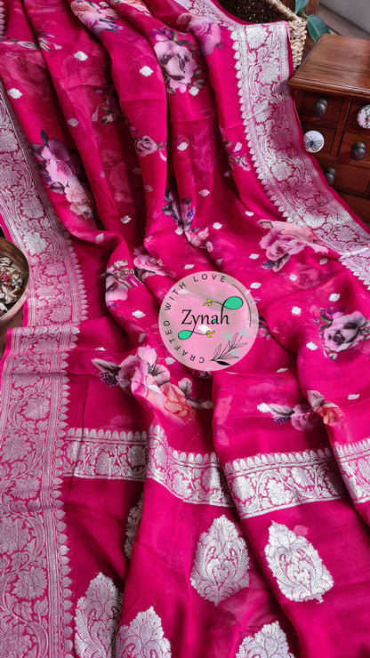 Zynah Pure Khaddi Chiffon Saree with Floral Prints & Silver Zari Weave; Custom Stitched/Ready-made Blouse, Fall, Petticoat; Shipping available USA, Worldwide