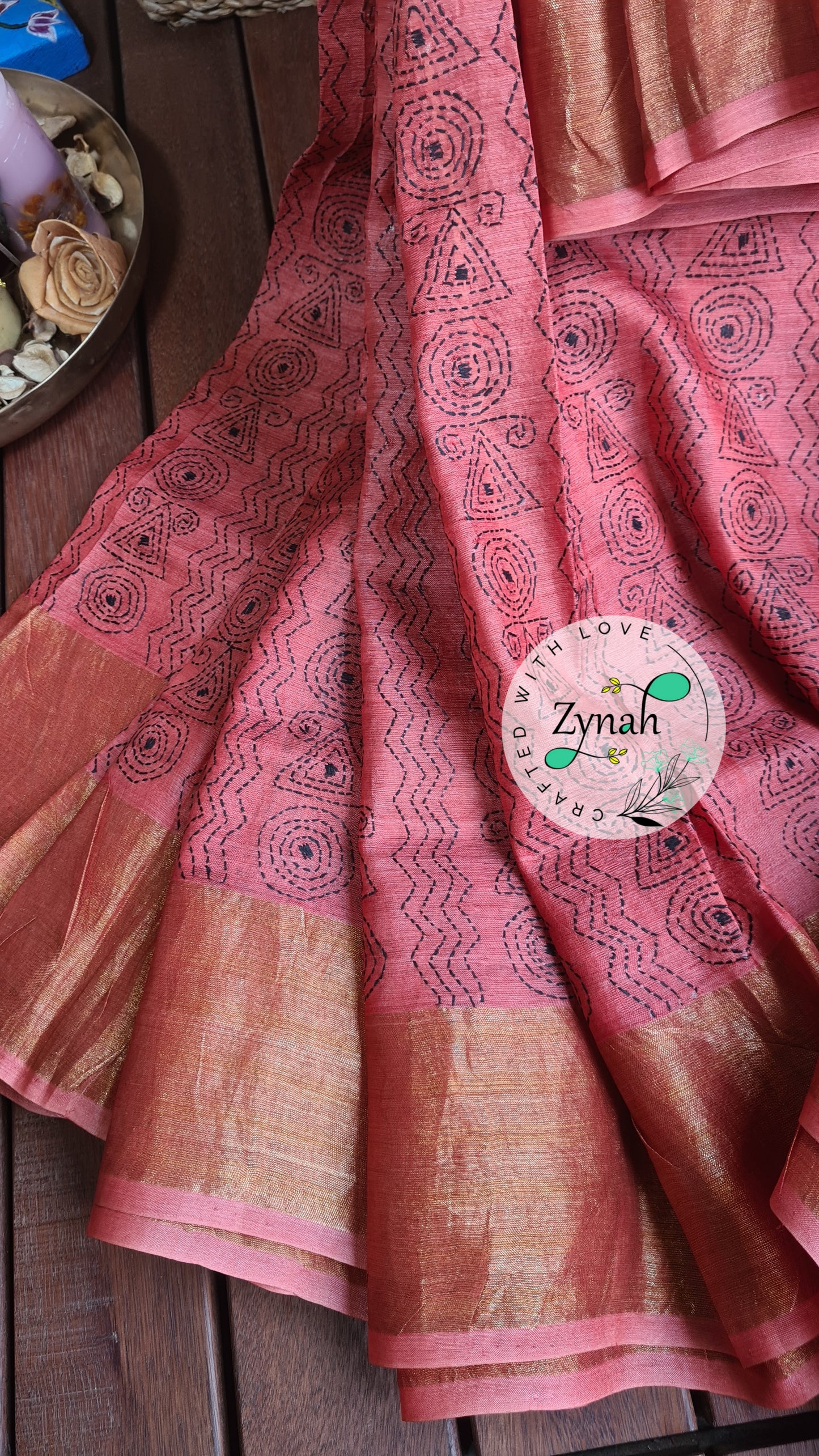 Zynah Handwoven Kantha Silk Saree, Zari Border; Custom Stitched/Ready-made Blouse, Fall, Petticoat; Shipping available USA, Worldwide