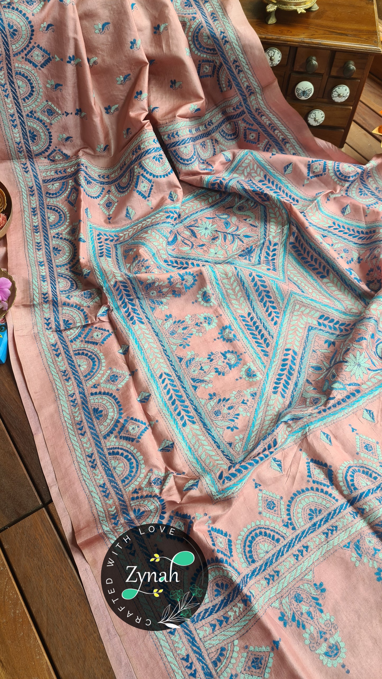 Zynah Pure Tussar Silk Kantha Saree; Custom Stitched/Ready-made Blouse, Fall, Petticoat; Shipping available USA, Worldwide