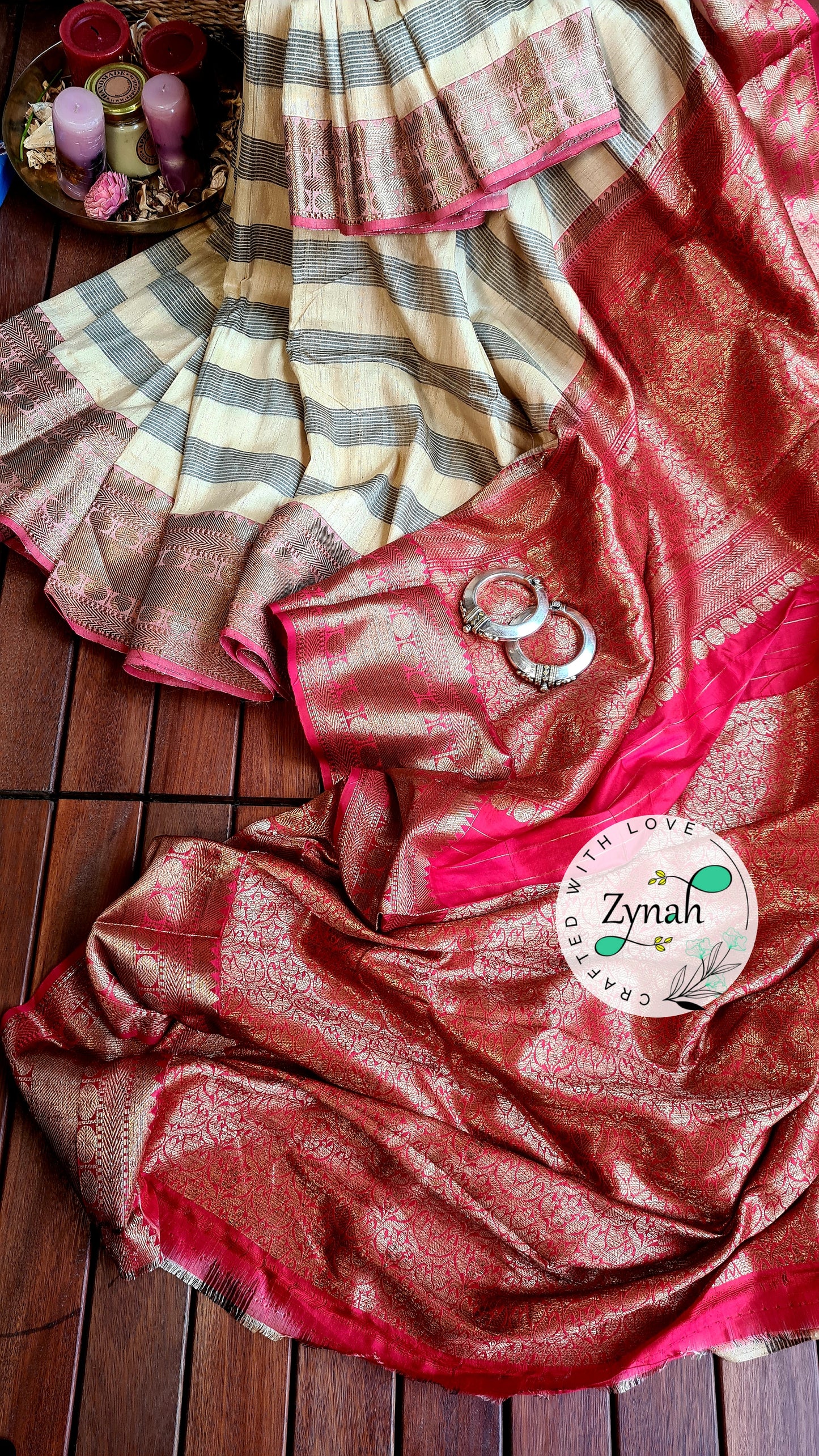Zynah Pure Tussar Banarasi Silk Saree with Antique Zari; Custom Stitched/Ready-made Blouse, Fall, Petticoat; Shipping available USA, Worldwide