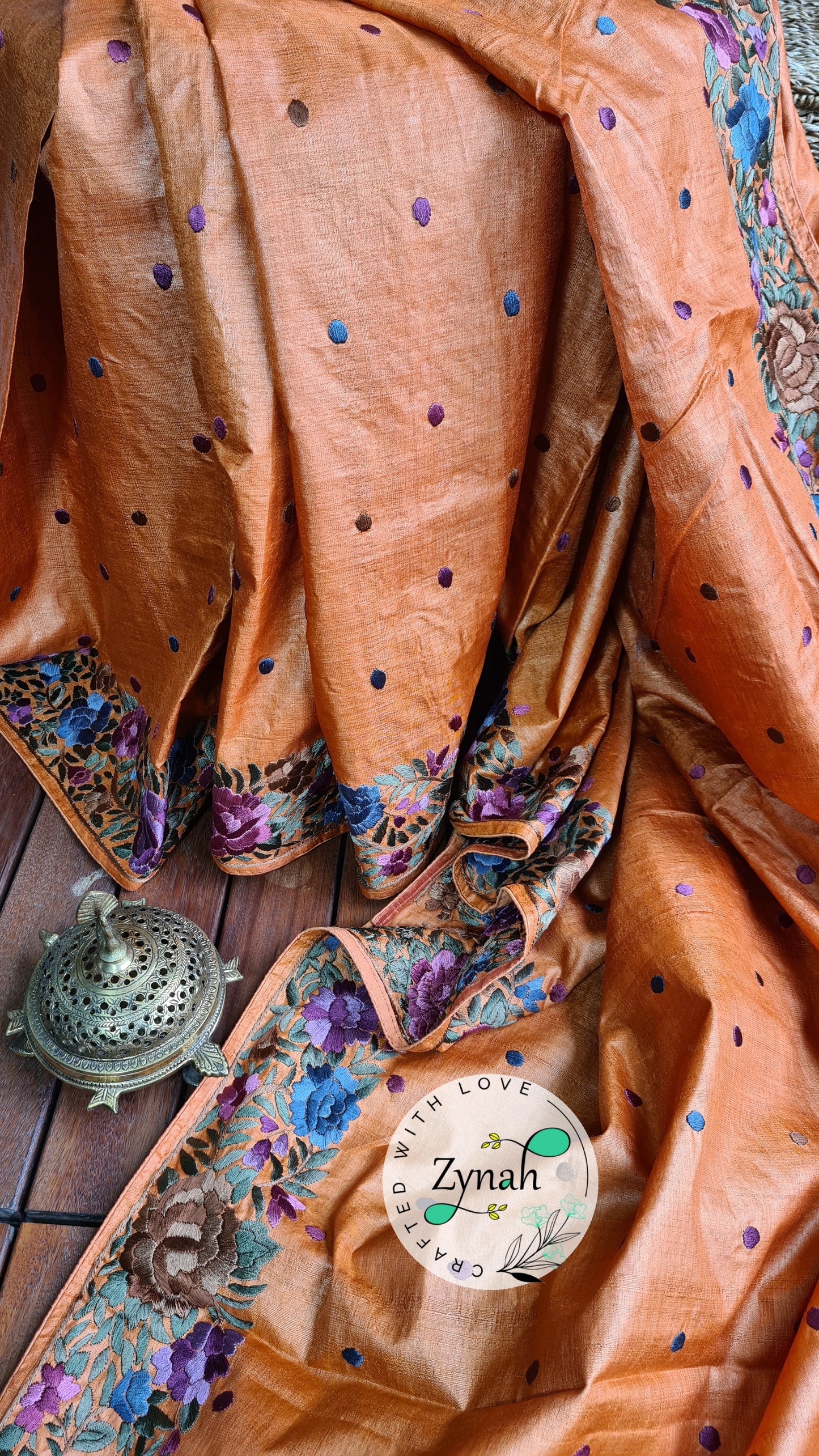 Zynah Made to Order Pure Tussar Silk Parsi Gara Handcrafted Saree; Custom Stitched/Ready-made Blouse, Fall, Petticoat; Shipping available USA, Worldwide