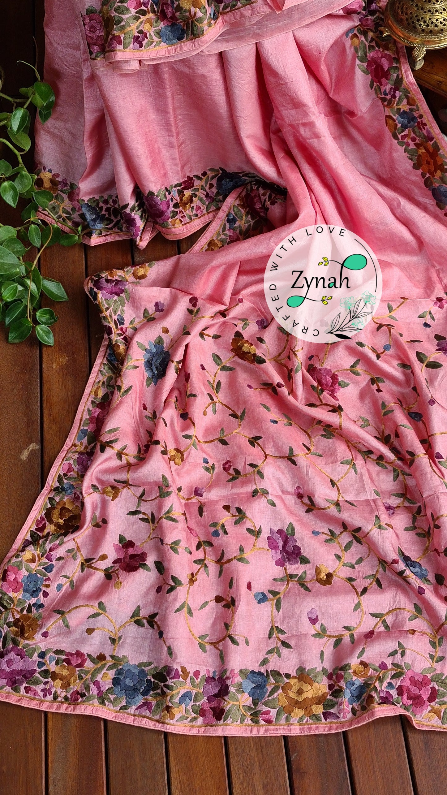 Zynah Made to Order Pure Tussar Silk Parsi Gara Handcrafted Saree; Custom Stitched/Ready-made Blouse, Fall, Petticoat; Shipping available USA, Worldwide