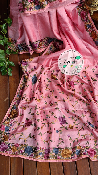 Zynah Made to Order Pure Tussar Silk Parsi Gara Handcrafted Saree; Custom Stitched/Ready-made Blouse, Fall, Petticoat; Shipping available USA, Worldwide
