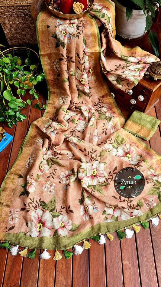 Zynah Organic Pure Linen by Linen(120c) Saree with Digital Floral Prints & Zari Border; Custom Stitched/Ready-made Blouse, Fall, Petticoat; Shipping available USA, Worldwide