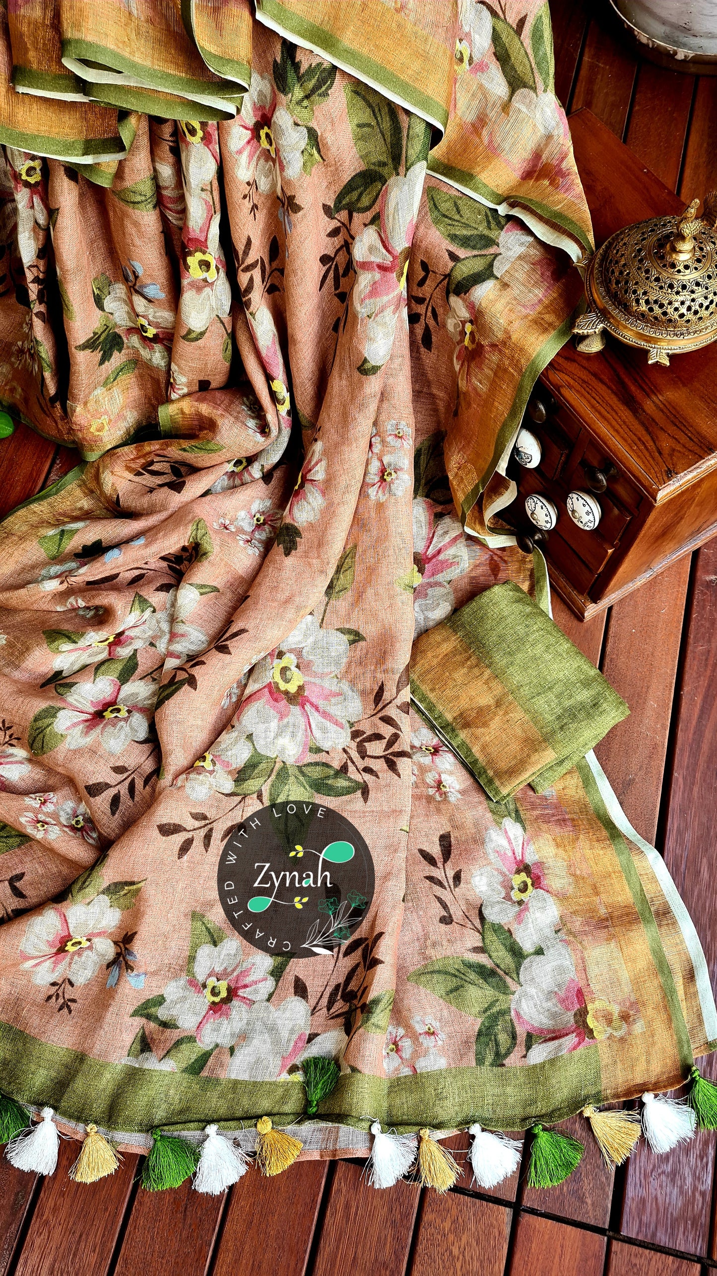 Zynah Organic Pure Linen by Linen(120c) Saree with Digital Floral Prints & Zari Border; Custom Stitched/Ready-made Blouse, Fall, Petticoat; Shipping available USA, Worldwide
