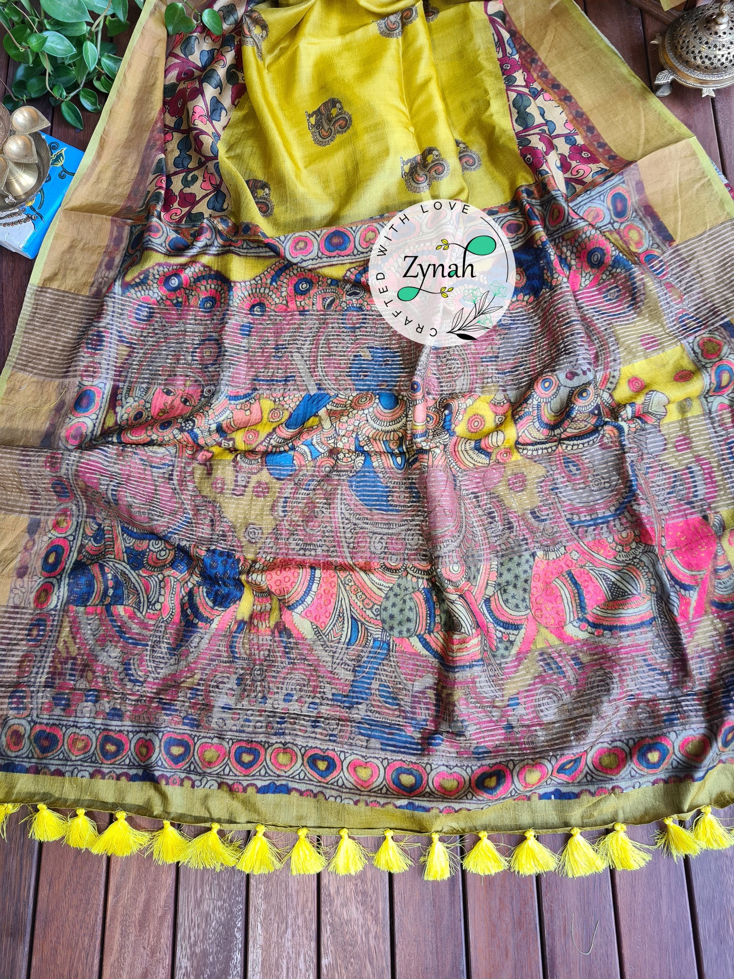 Zynah Pure Tussar Silk Saree with Digital Kalamkari Prints; Custom Stitched/Ready-made Blouse, Fall, Petticoat; Shipping available USA, Worldwide