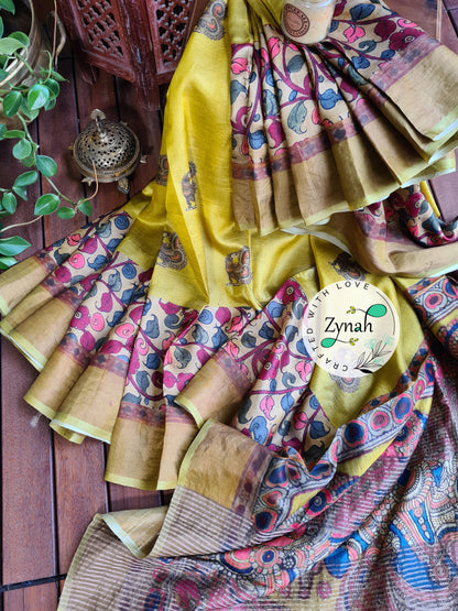 Zynah Pure Tussar Silk Saree with Digital Kalamkari Prints; Custom Stitched/Ready-made Blouse, Fall, Petticoat; Shipping available USA, Worldwide