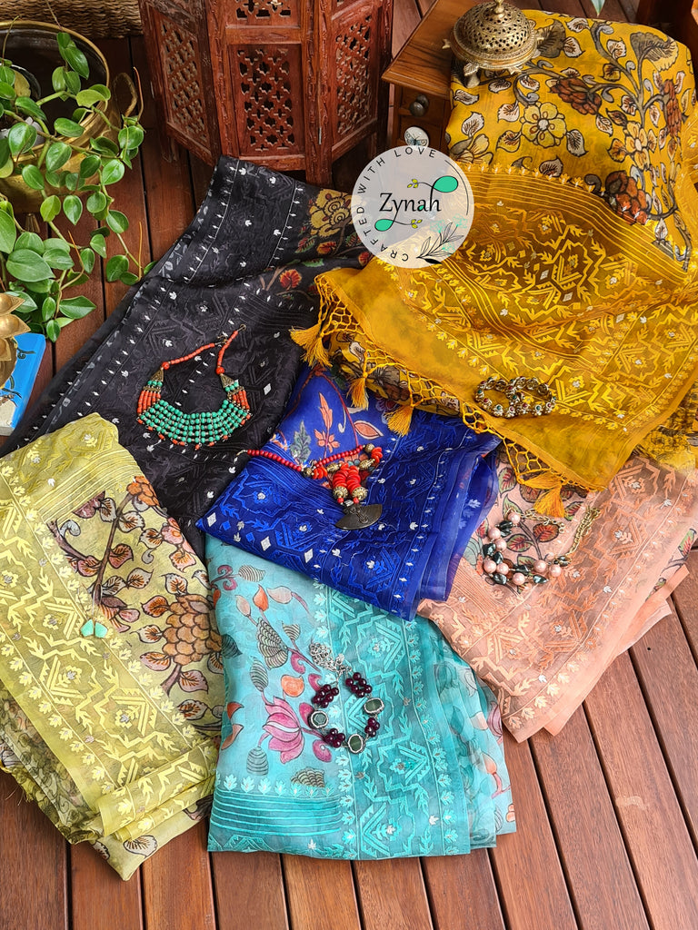 Zynah Pure Organza Silk Kalamkari Saree with Dhakai Jamdhani Thread Embroidery; Custom Stitched/Ready-made Blouse, Fall, Petticoat; Shipping available USA, Worldwide