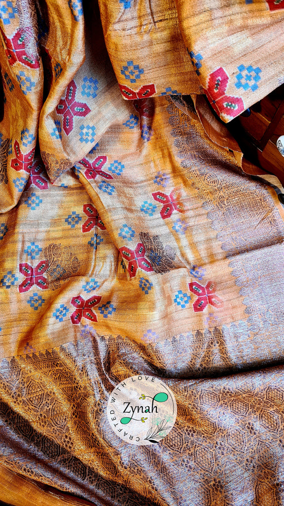 Zynah Pure Tussar Silk Banarasi Patan Patola inspired Saree with Antique zari weave; Custom Stitched/Ready-made Blouse, Fall, Petticoat; Shipping available USA, Worldwide