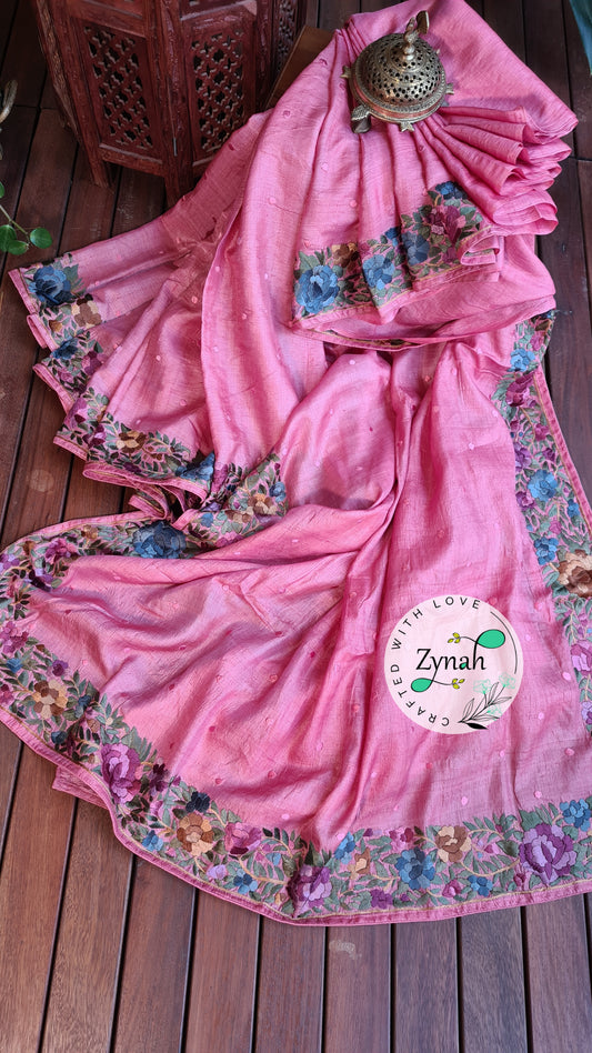 Zynah Made to Order Pure Tussar Silk Parsi Gara Handcrafted Saree; Custom Stitched/Ready-made Blouse, Fall, Petticoat; Shipping available USA, Worldwide