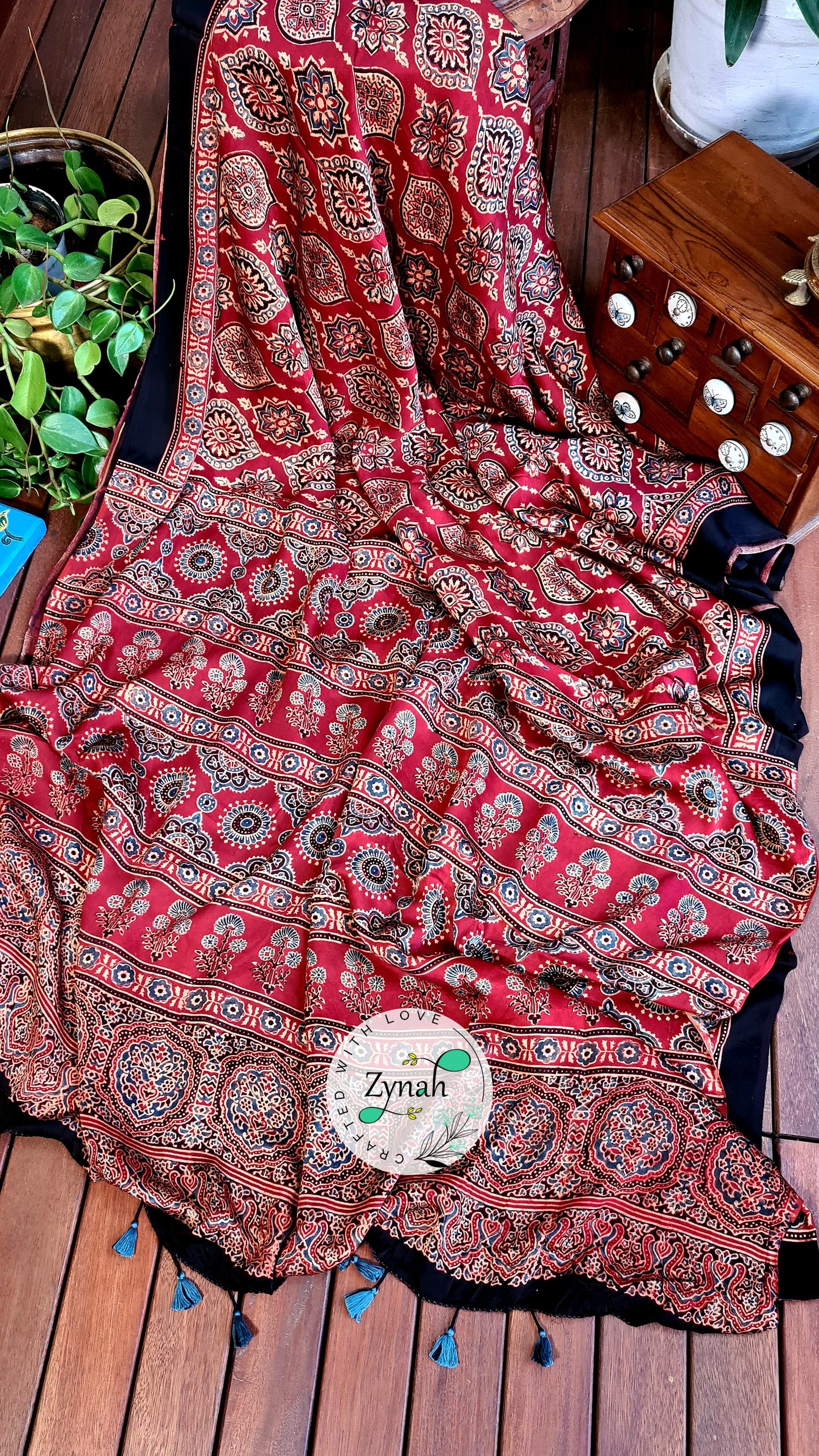 Zynah Pure Modal Silk Ajrakh Saree with Handblock Prints; Custom Stitched/Ready-made Blouse, Fall, Petticoat; Shipping available USA, Worldwide
