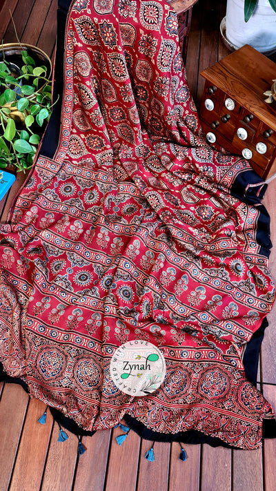 Zynah Pure Modal Silk Ajrakh Saree with Handblock Prints; Custom Stitched/Ready-made Blouse, Fall, Petticoat; Shipping available USA, Worldwide