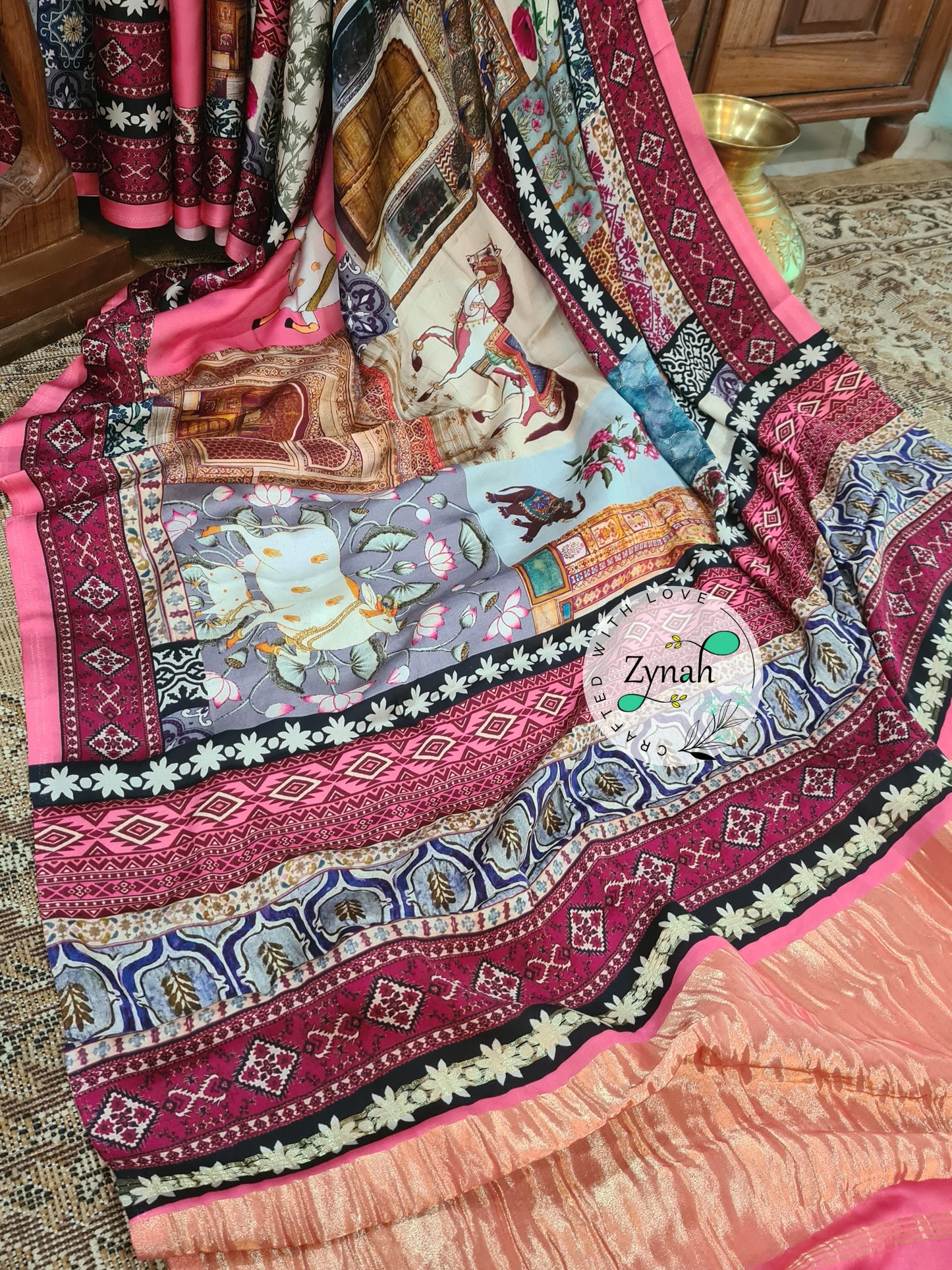 Zynah Pure Gajji Silk Pichwai Print Saree with tissue zari pallu; Custom Stitched/Ready-made Blouse, Fall, Petticoat; Shipping available USA, Worldwide