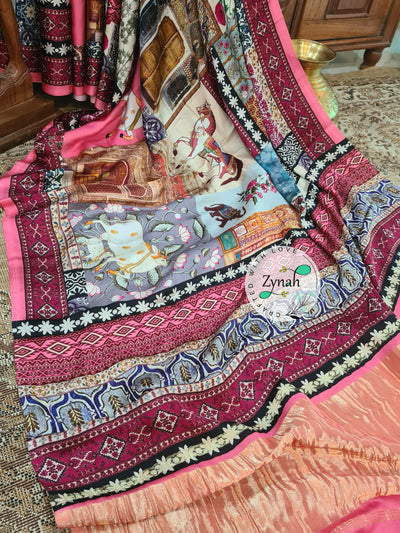 Zynah Pure Gajji Silk Pichwai Print Saree with tissue zari pallu; Custom Stitched/Ready-made Blouse, Fall, Petticoat; Shipping available USA, Worldwide