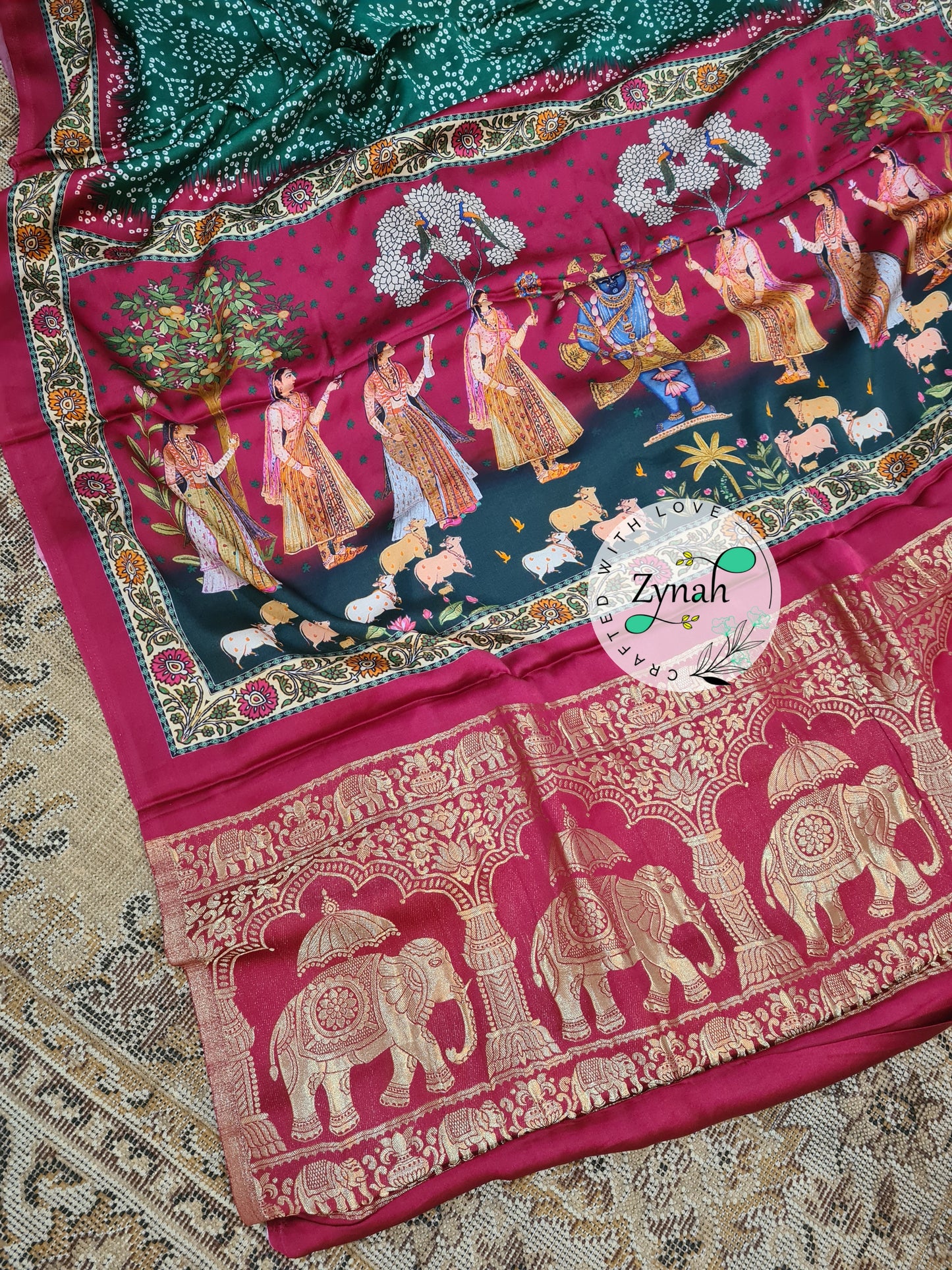 Zynah Pure Gajji Silk Saree with Bandhani & Pichwai Prints, Amdavadi Pallu; Custom Stitched/Ready-made Blouse, Fall, Petticoat; Shipping available USA, Worldwide