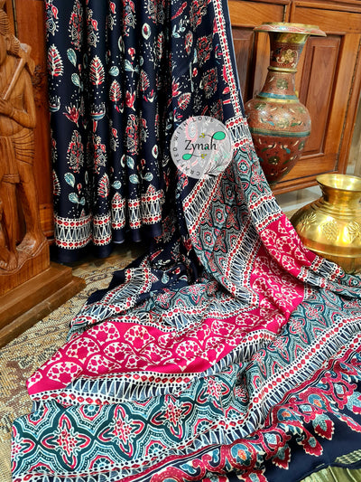 Zynah Pure Gajji Silk Ajrakh Saree with tissue zari pallu & Handblock Printed; Custom Stitched/Ready-made Blouse, Fall, Petticoat; Shipping available USA, Worldwide