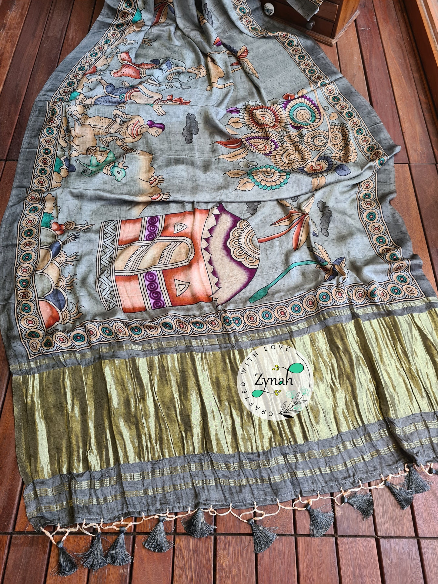 Zynah Pure Gajji Silk Tribal Kalamkari Printed Saree with Tissue Zari Pallu; Custom Stitched/Ready-made Blouse, Fall, Petticoat; Shipping available USA, Worldwide