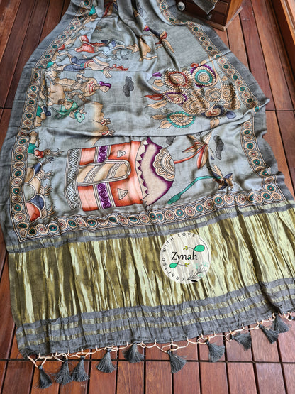 Zynah Pure Gajji Silk Tribal Kalamkari Printed Saree with Tissue Zari Pallu; Custom Stitched/Ready-made Blouse, Fall, Petticoat; Shipping available USA, Worldwide