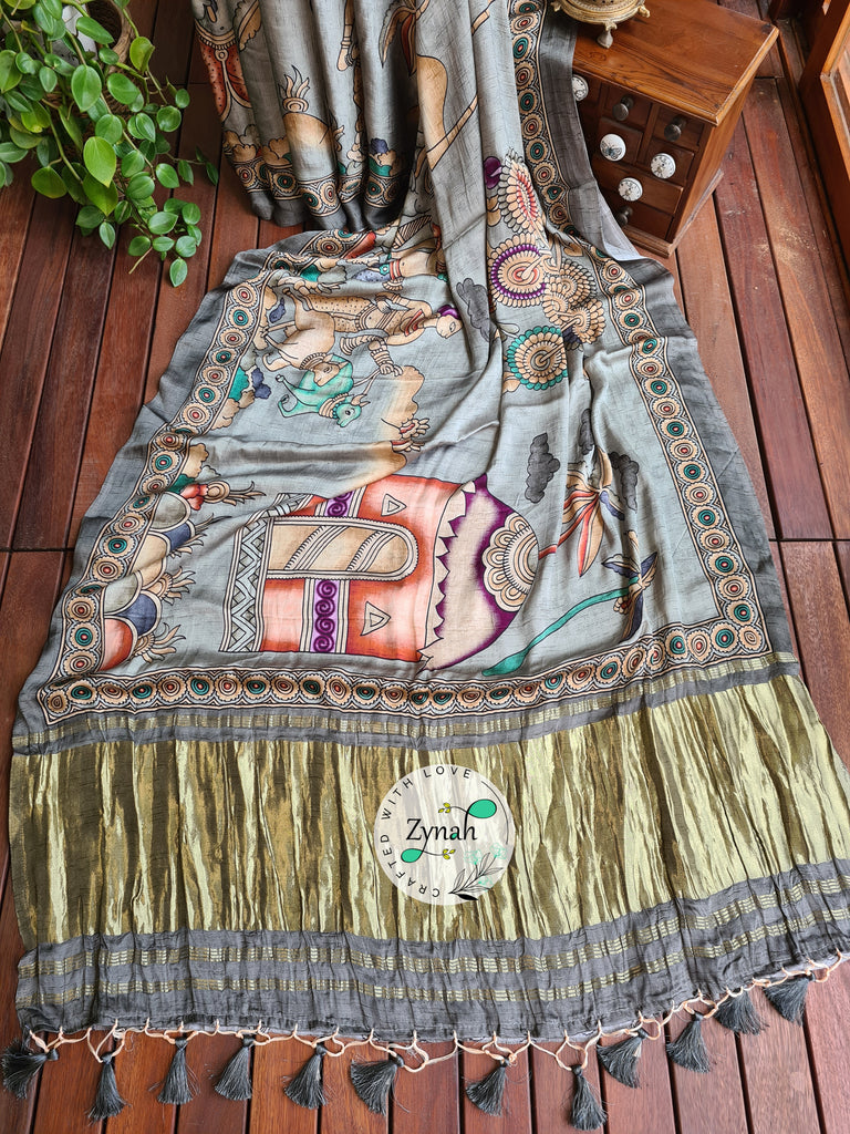 Zynah Pure Gajji Silk Tribal Kalamkari Printed Saree with Tissue Zari Pallu; Custom Stitched/Ready-made Blouse, Fall, Petticoat; Shipping available USA, Worldwide
