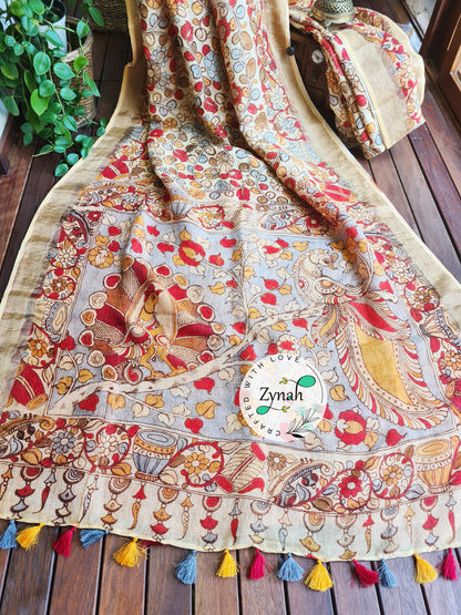 Zynah Kalamkari Organic Lab Tested 120 Count pure 'Linen by Linen' Saree; Custom Stitched/Ready-made Blouse, Fall, Petticoat; Shipping available USA, Worldwide