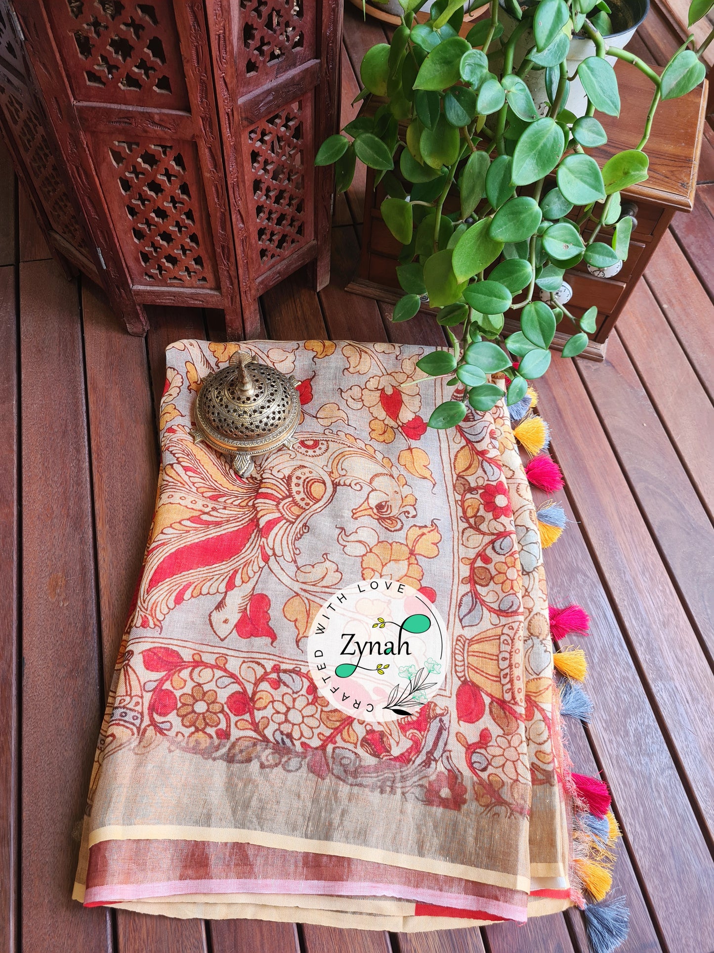 Zynah Kalamkari Organic Lab Tested 120 Count pure 'Linen by Linen' Saree; Custom Stitched/Ready-made Blouse, Fall, Petticoat; Shipping available USA, Worldwide