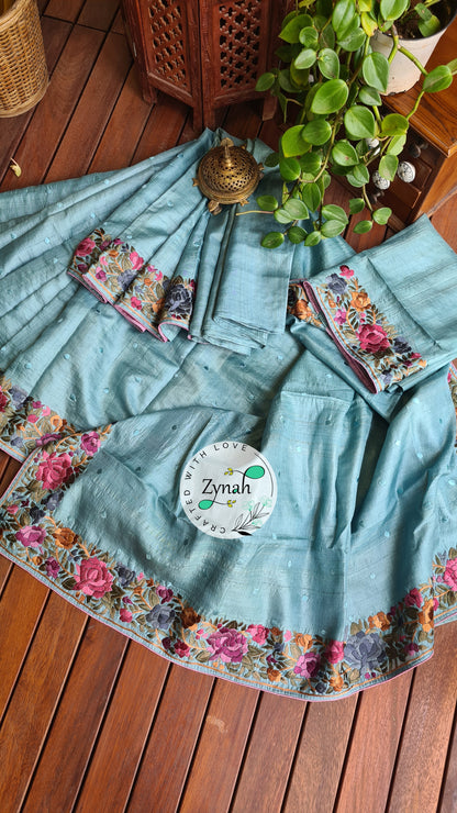 Zynah Made to Order Pure Tussar Silk Parsi Gara Handcrafted Saree; Custom Stitched/Ready-made Blouse, Fall, Petticoat; Shipping available USA, Worldwide