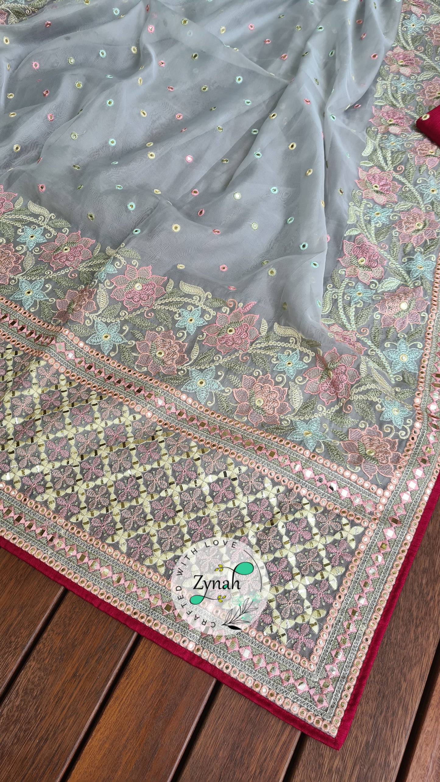 Zynah Pure Organza Silk Saree with Foil Mirror Work & Thread Embroidery; Custom Stitched/Ready-made Blouse, Fall, Petticoat; Shipping available USA, Worldwide