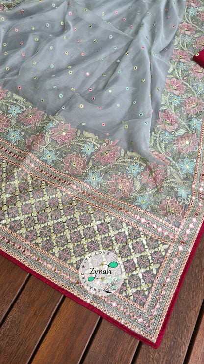 Zynah Pure Organza Silk Saree with Foil Mirror Work & Thread Embroidery; Custom Stitched/Ready-made Blouse, Fall, Petticoat; Shipping available USA, Worldwide
