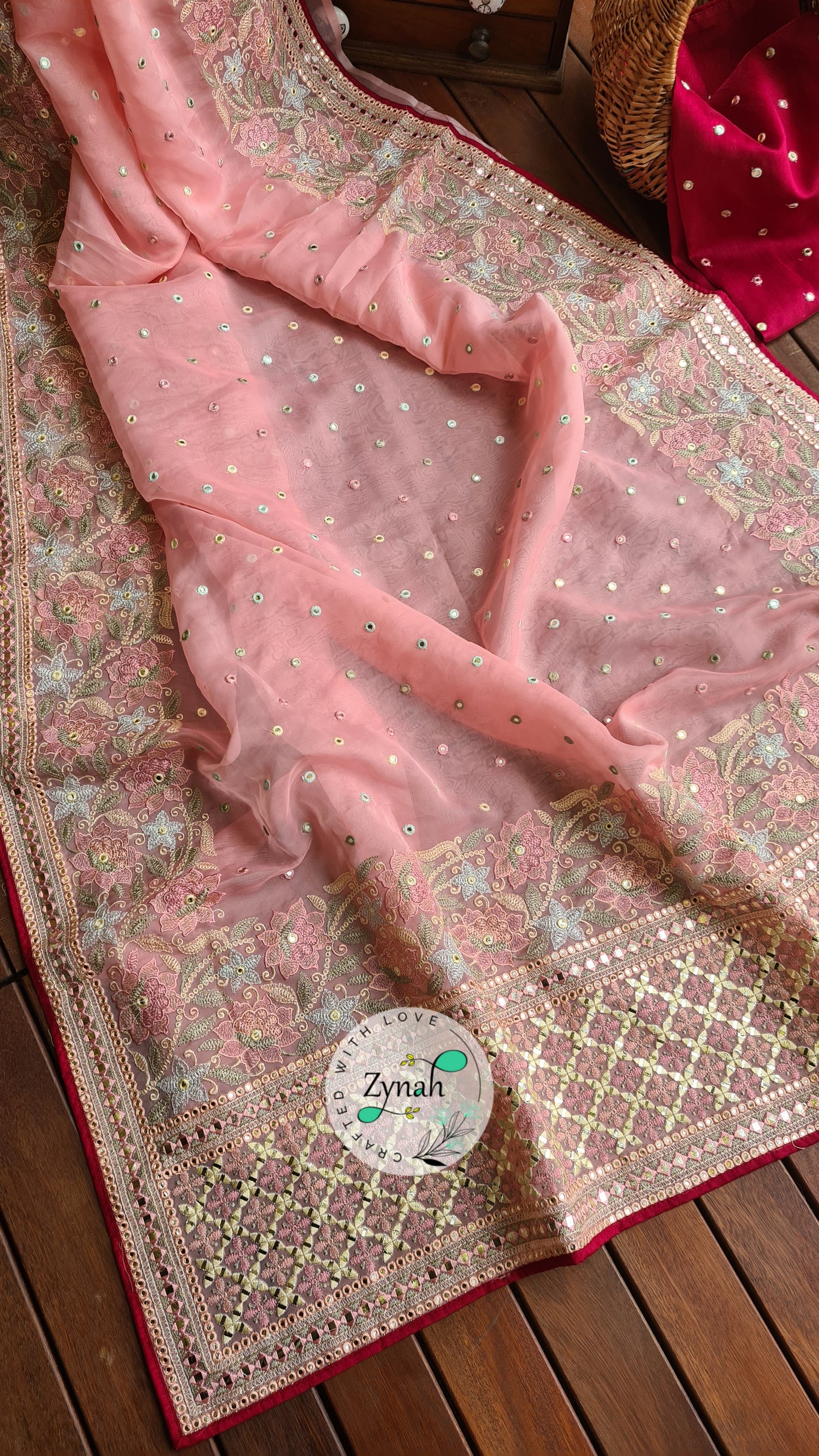 Zynah Pure Organza Silk Saree with Foil Mirror Work & Thread Embroidery; Custom Stitched/Ready-made Blouse, Fall, Petticoat; Shipping available USA, Worldwide