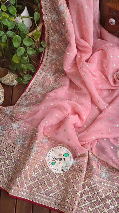 Zynah Pure Organza Silk Saree with Foil Mirror Work & Thread Embroidery; Custom Stitched/Ready-made Blouse, Fall, Petticoat; Shipping available USA, Worldwide