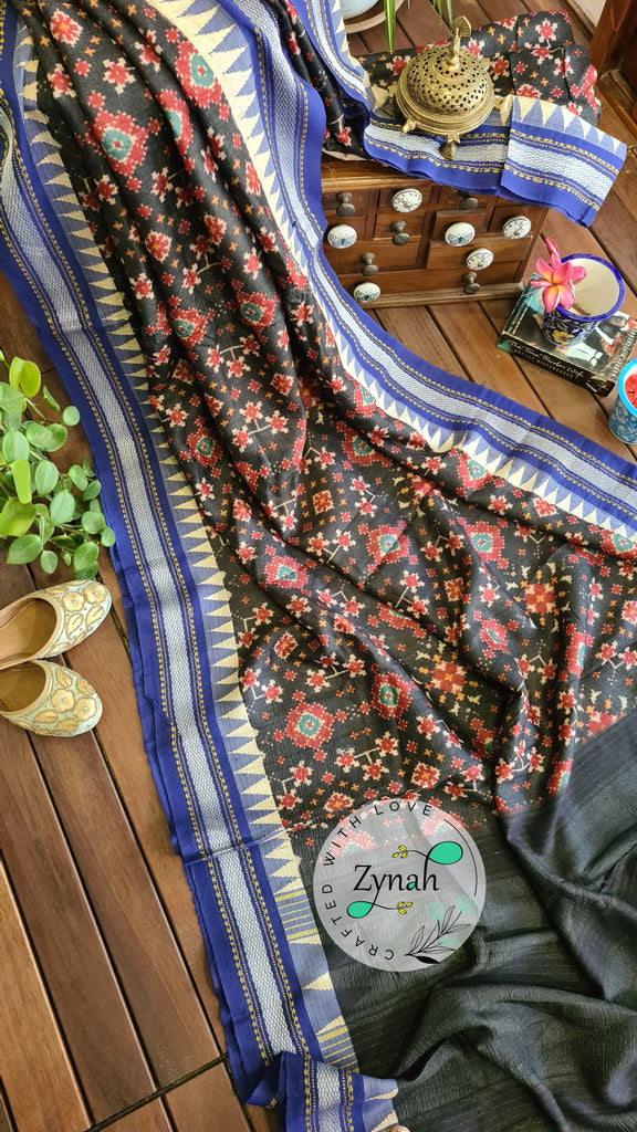 Zynah Pure Vidarbha Tussar Silk Saree with Patan Patola Print, Karvati Kinar & Temple border; Custom Stitched/Ready-made Blouse, Fall, Petticoat; Shipping available USA, Worldwide
