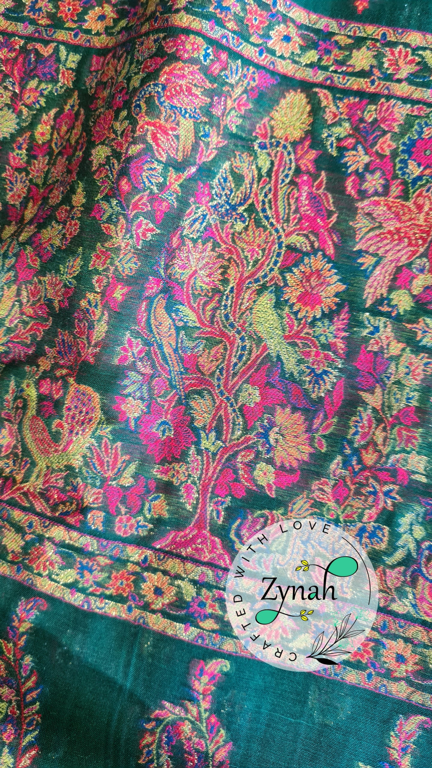 Zynah Green Kashmiri Pure Kani Silk Jamavar Saree | Kashmiri Traditional Pashmina Pure Silk Kani Saree; Custom Stitched/Ready-made Blouse, Fall, Petticoat; SKU: 0903202206