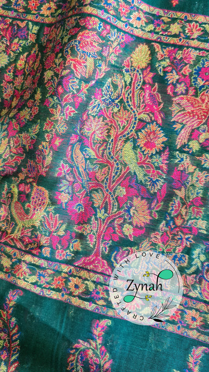 Zynah Green Kashmiri Pure Kani Silk Jamavar Saree | Kashmiri Traditional Pashmina Pure Silk Kani Saree; Custom Stitched/Ready-made Blouse, Fall, Petticoat; SKU: 0903202206