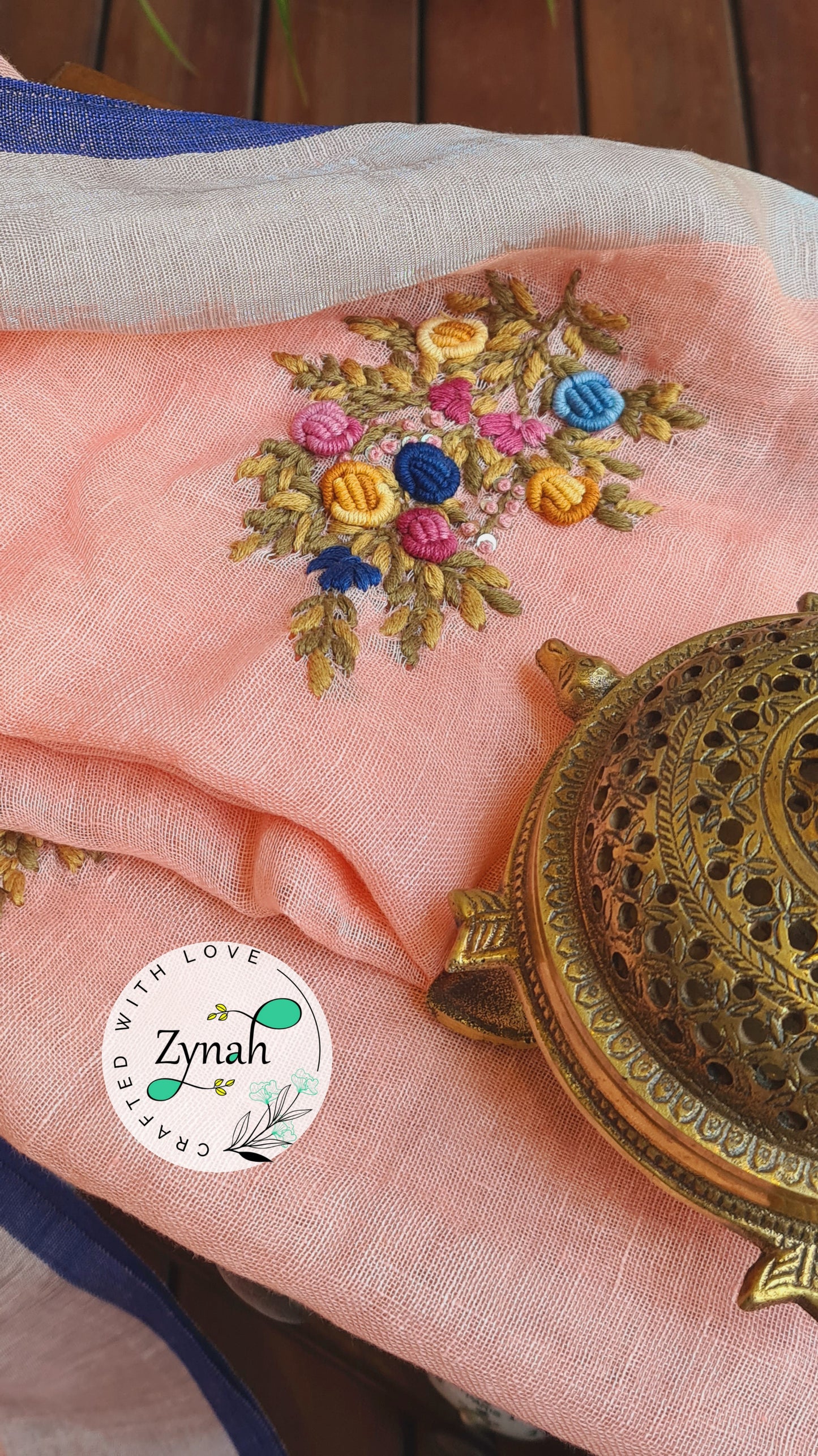 Zynah Pure Linen(120c) Handcrafted Saree with French Knot Hand Embroidery; Custom Stitched/Ready-made Blouse, Fall, Petticoat; Shipping available USA, Worldwide
